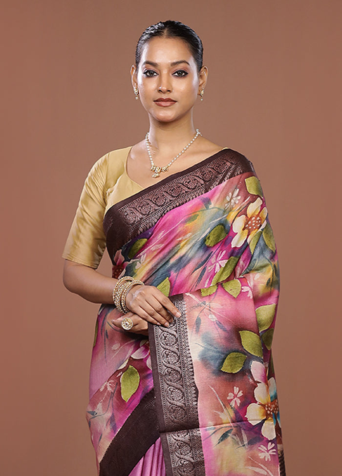 Pink Handloom Tussar Pure Silk Saree With Blouse Piece