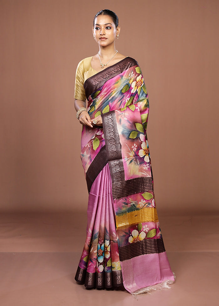 Pink Handloom Tussar Pure Silk Saree With Blouse Piece