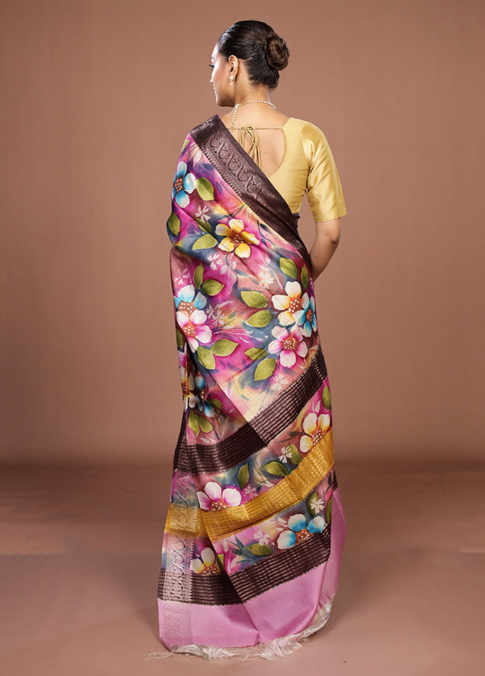 Pink Handloom Tussar Pure Silk Saree With Blouse Piece