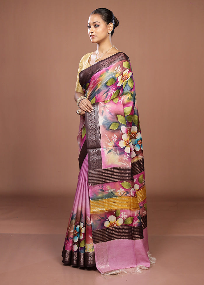 Pink Handloom Tussar Pure Silk Saree With Blouse Piece