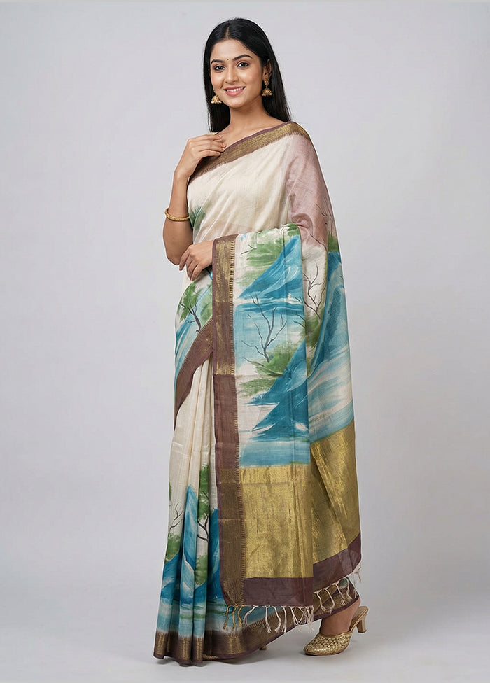 Cream Handloom Tussar Pure Silk Saree With Blouse Piece