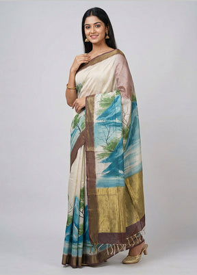 Cream Handloom Tussar Pure Silk Saree With Blouse Piece