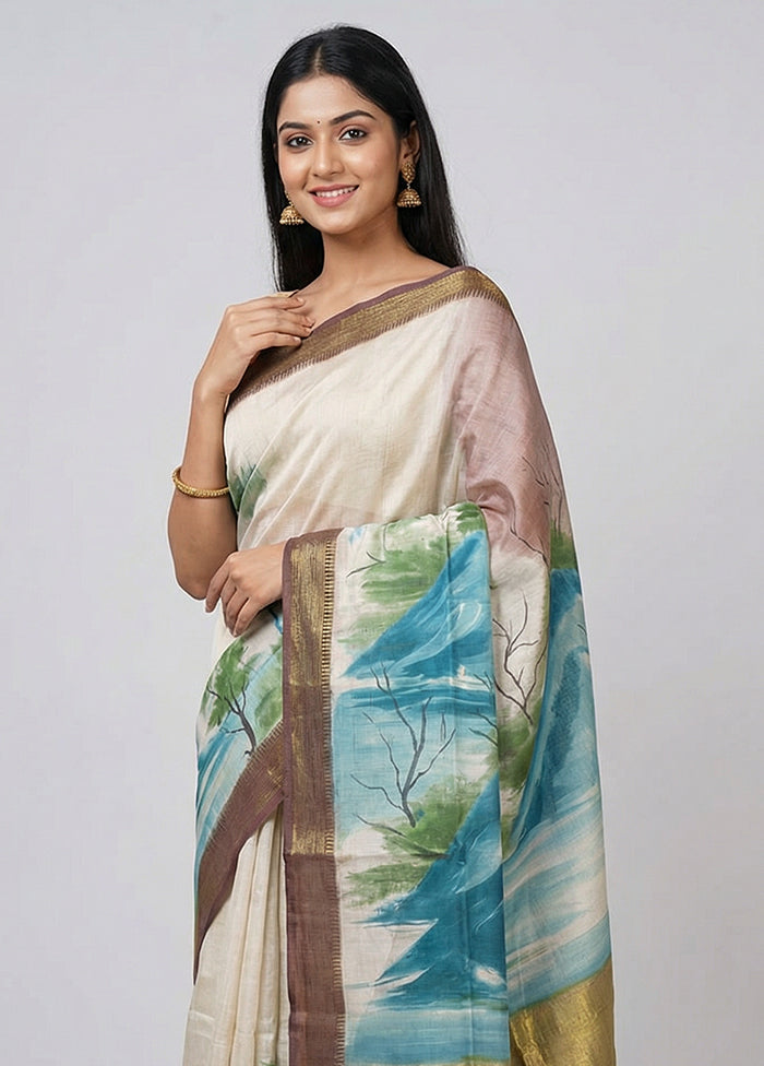 Cream Handloom Tussar Pure Silk Saree With Blouse Piece