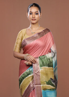 Peach Handloom Tussar Pure Silk Saree With Blouse Piece