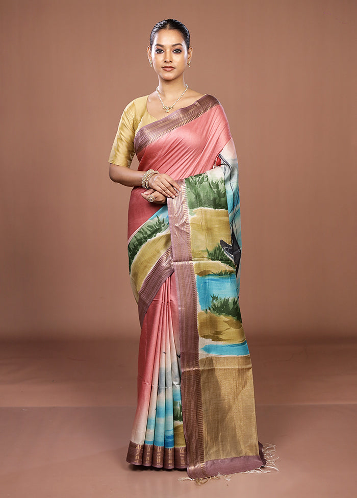 Peach Handloom Tussar Pure Silk Saree With Blouse Piece