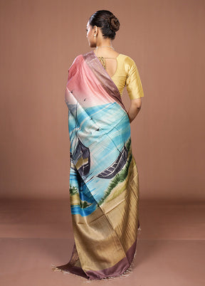Peach Handloom Tussar Pure Silk Saree With Blouse Piece