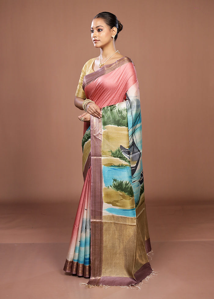 Peach Handloom Tussar Pure Silk Saree With Blouse Piece