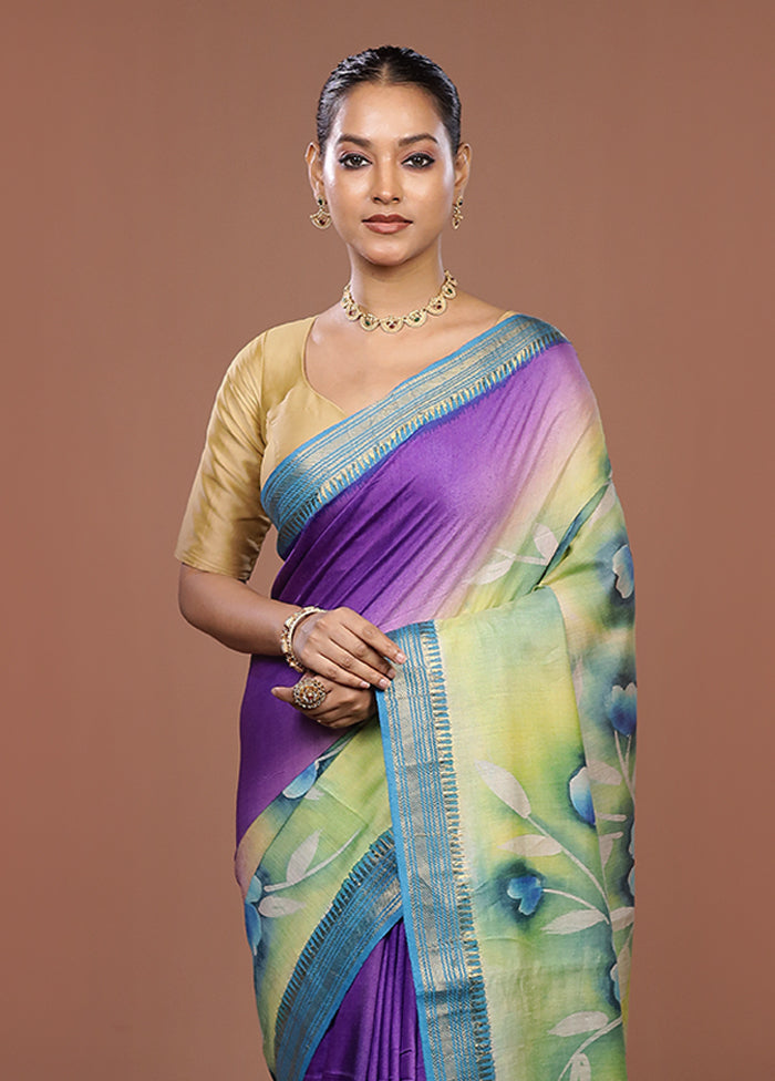 Purple Handloom Tussar Pure Silk Saree With Blouse Piece