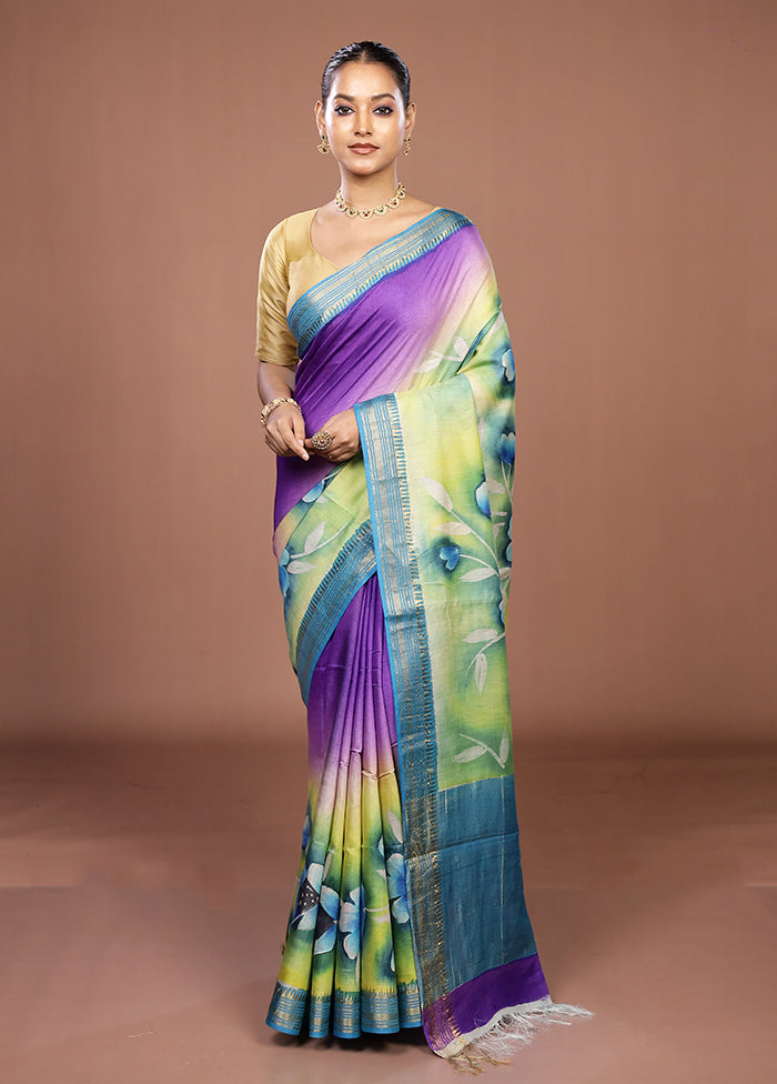 Purple Handloom Tussar Pure Silk Saree With Blouse Piece
