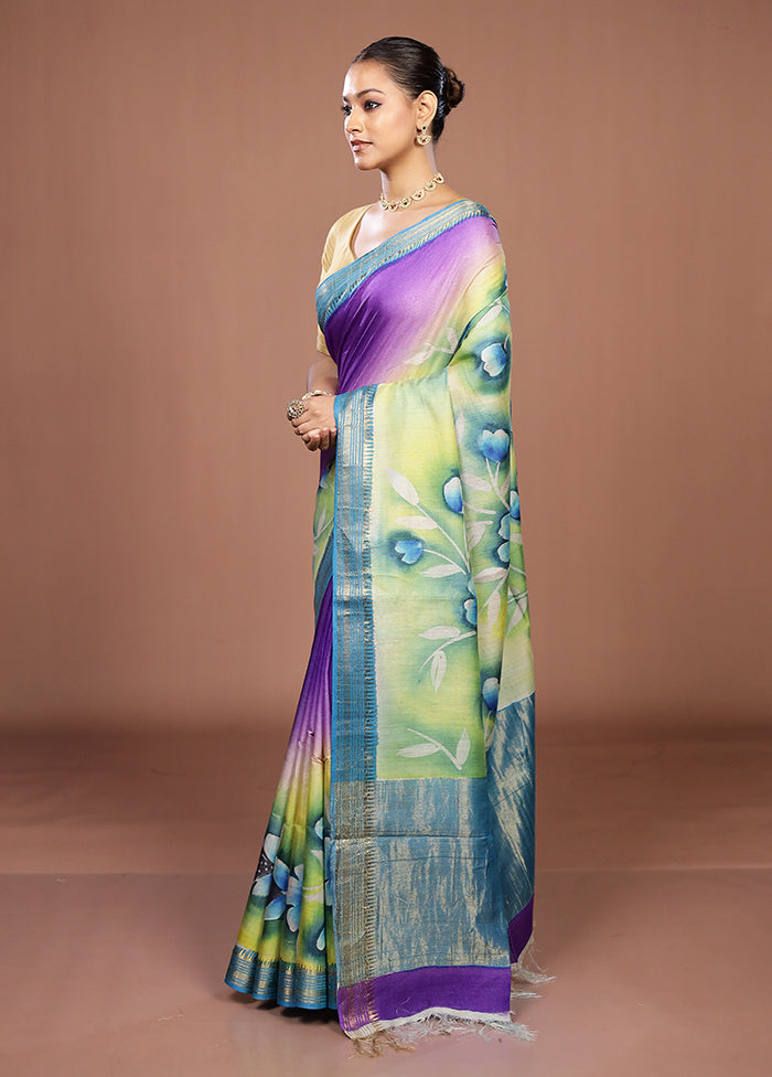 Purple Handloom Tussar Pure Silk Saree With Blouse Piece