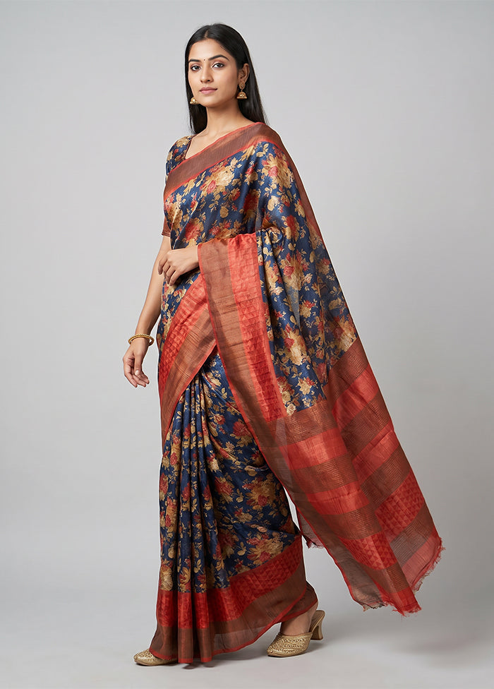 Blue Tussar Silk Saree With Blouse Piece
