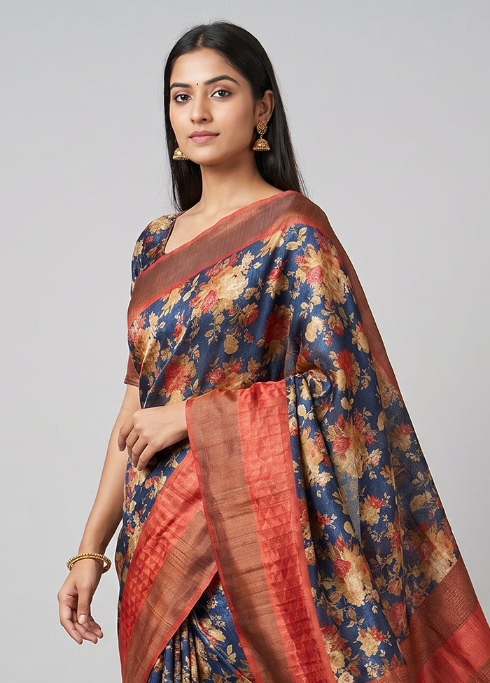 Blue Tussar Silk Saree With Blouse Piece