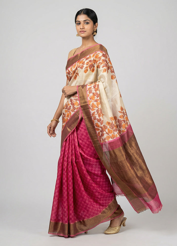 Cream Tussar Silk Saree With Blouse Piece