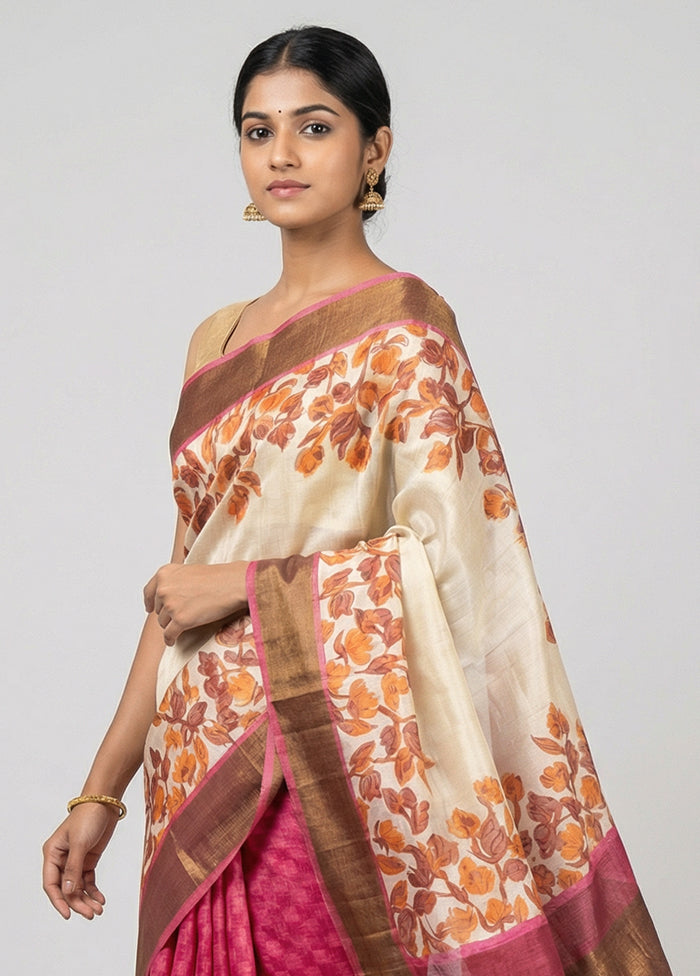 Cream Tussar Silk Saree With Blouse Piece