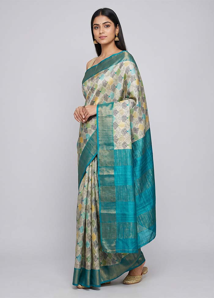 Cream Tussar Silk Saree With Blouse Piece