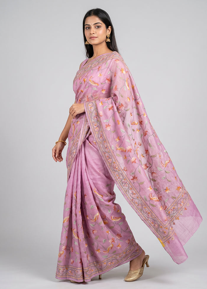 Purple Handloom Tussar Pure Silk Saree With Blouse Piece