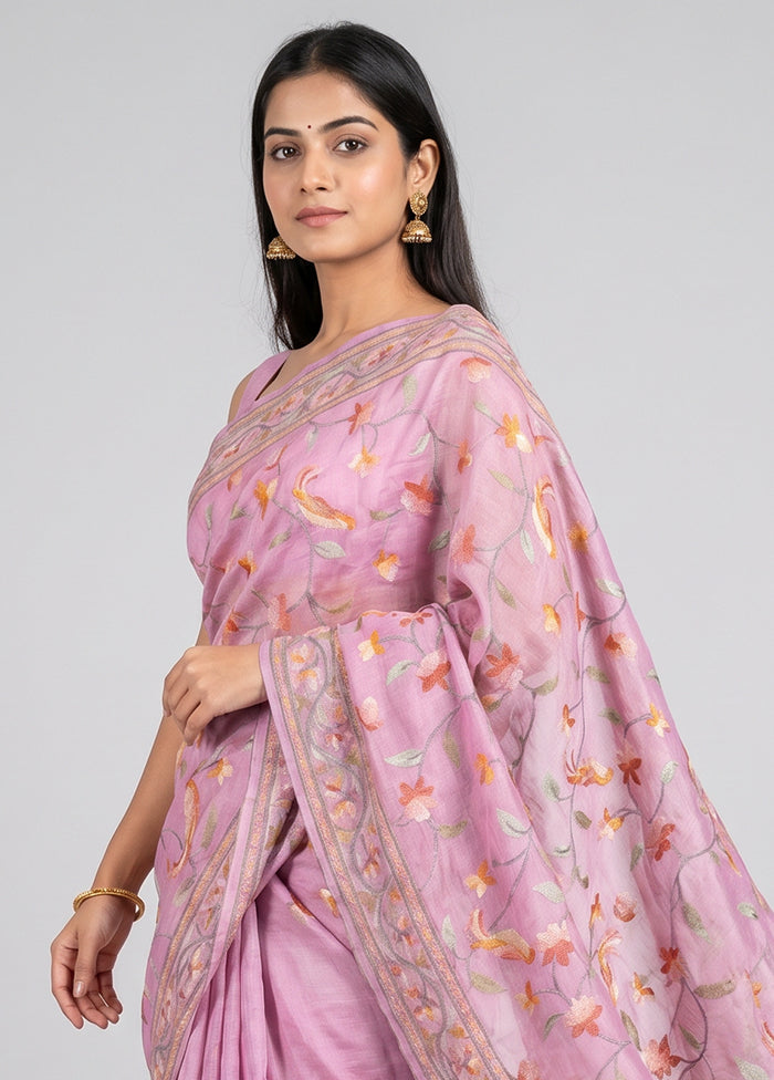 Purple Handloom Tussar Pure Silk Saree With Blouse Piece