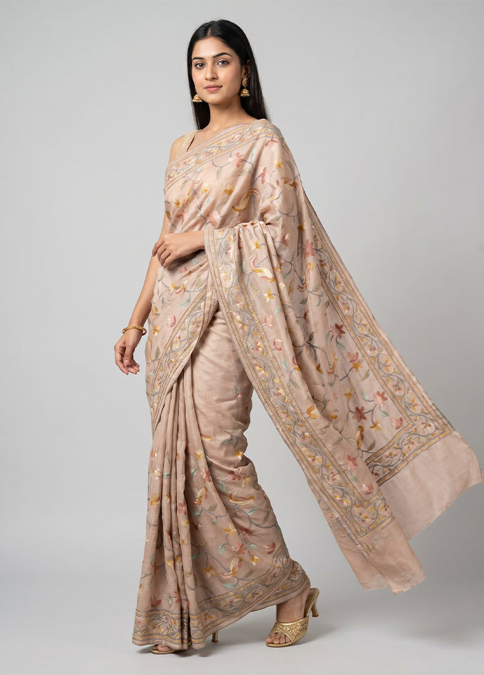 Peach Handloom Tussar Pure Silk Saree With Blouse Piece
