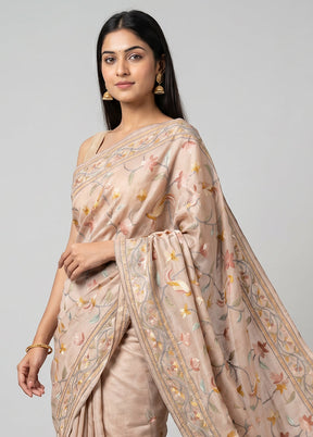 Peach Handloom Tussar Pure Silk Saree With Blouse Piece
