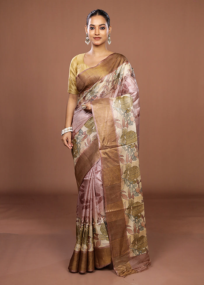 Pink Tussar Silk Saree With Blouse Piece