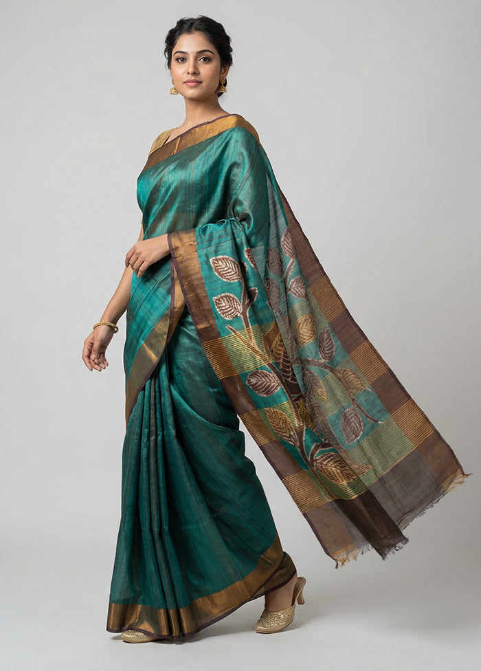 Green Handloom Tussar Pure Silk Saree With Blouse Piece