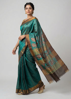 Green Handloom Tussar Pure Silk Saree With Blouse Piece