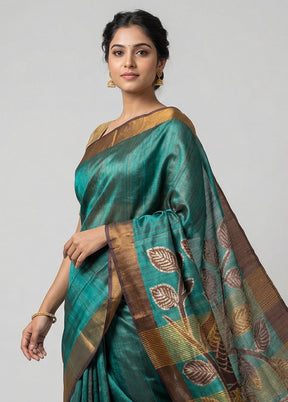 Green Handloom Tussar Pure Silk Saree With Blouse Piece