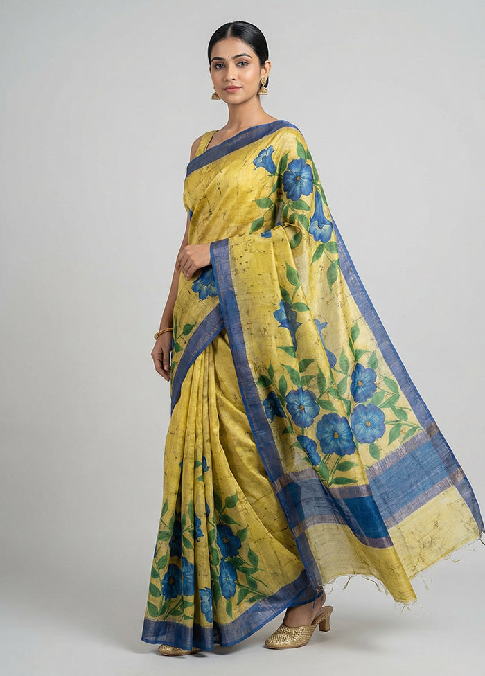 Green Handloom Tussar Pure Silk Saree With Blouse Piece