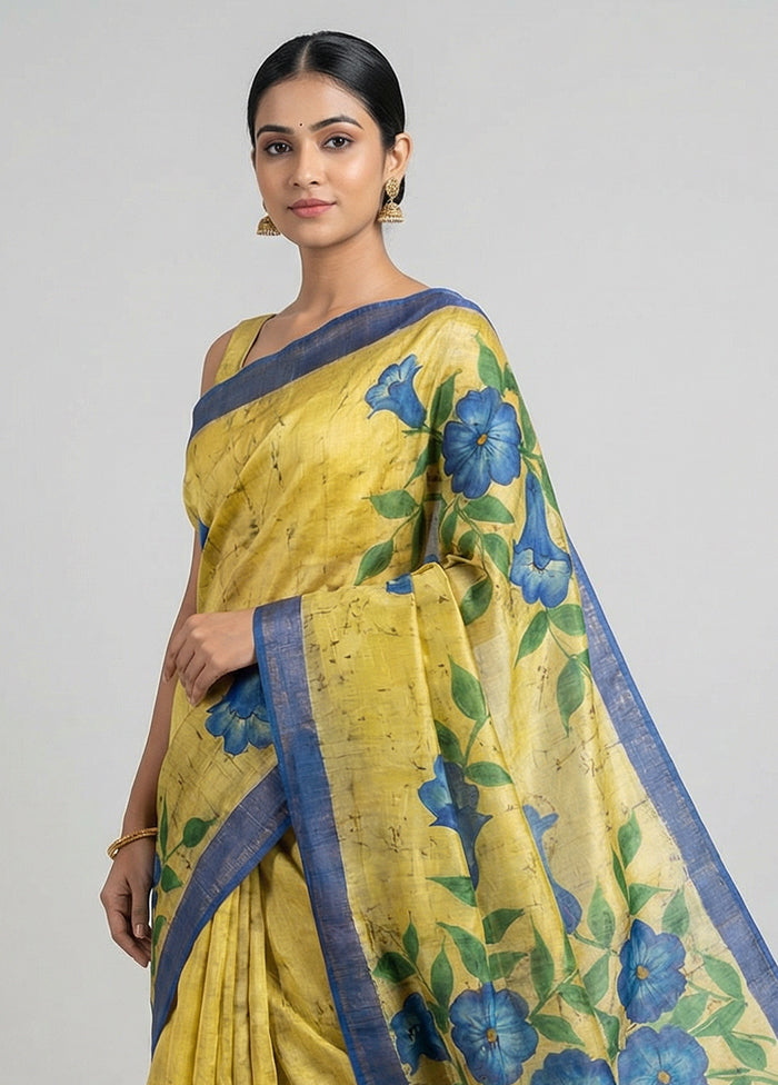 Green Handloom Tussar Pure Silk Saree With Blouse Piece