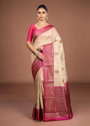 Cream Handloom Tussar Pure Silk Saree With Blouse Piece