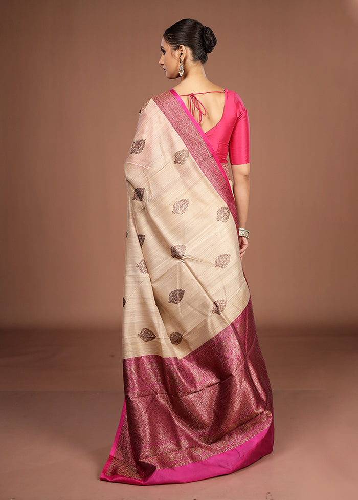 Cream Handloom Tussar Pure Silk Saree With Blouse Piece