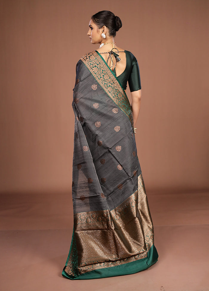 Black Handloom Tussar Pure Silk Saree With Blouse Piece