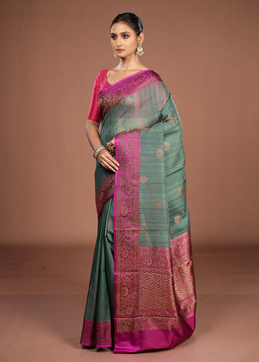 Green Handloom Tussar Pure Silk Saree With Blouse Piece