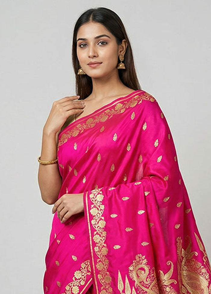 Pink Banarasi Silk Saree With Blouse Piece