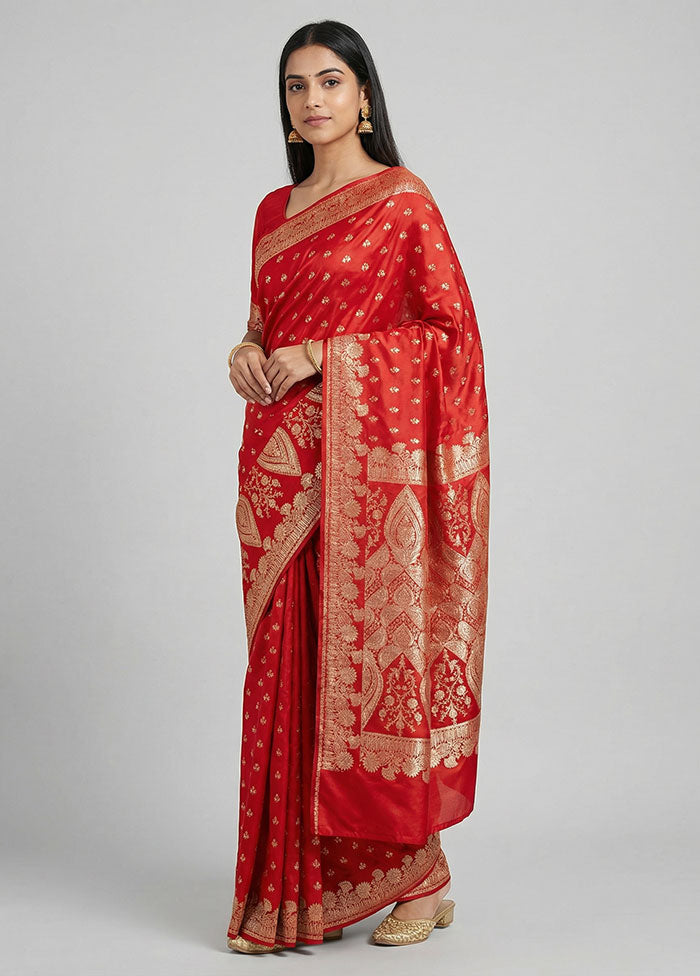 Red Banarasi Silk Saree With Blouse Piece
