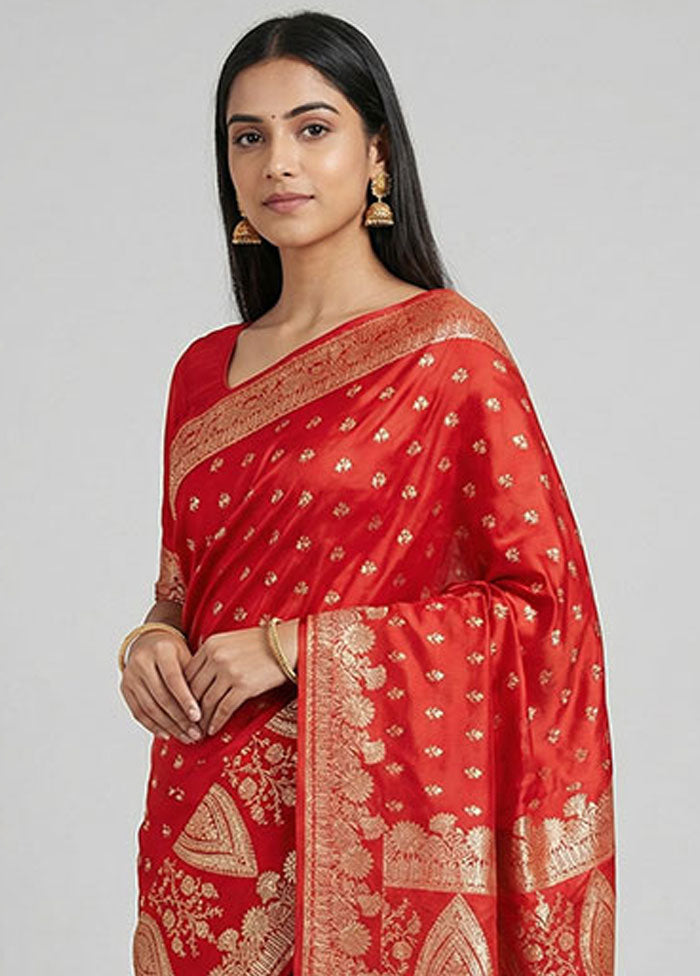Red Banarasi Silk Saree With Blouse Piece