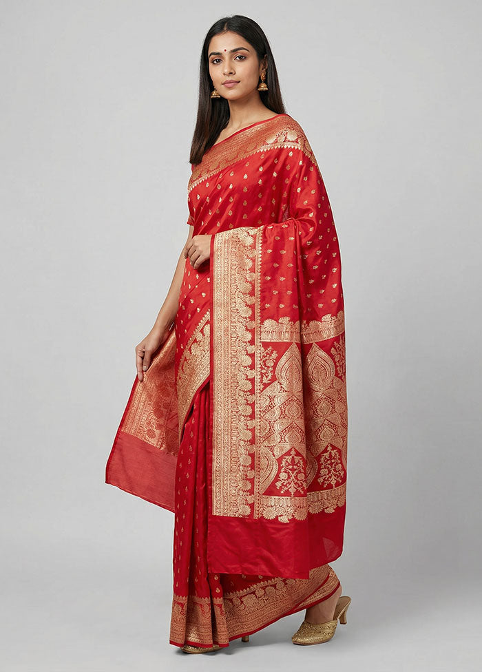 Red Banarasi Silk Saree With Blouse Piece