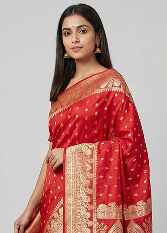 Red Banarasi Silk Saree With Blouse Piece