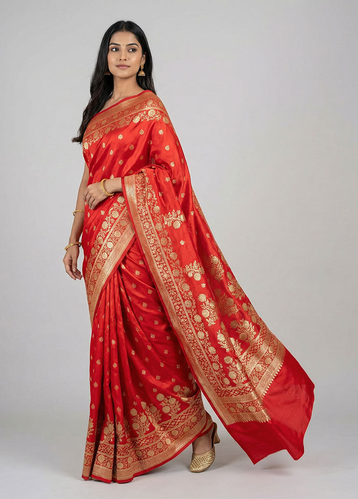 Red Banarasi Silk Saree With Blouse Piece