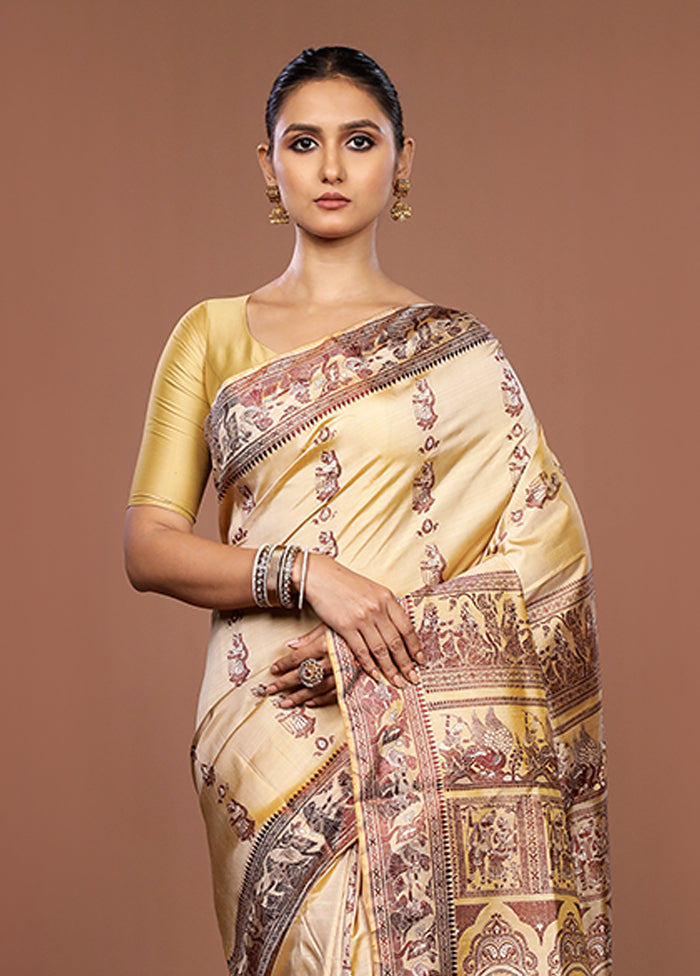 Cream Handloom Baluchari Pure Silk Saree With Blouse Piece