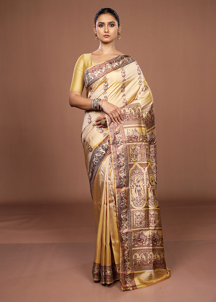 Cream Handloom Baluchari Pure Silk Saree With Blouse Piece