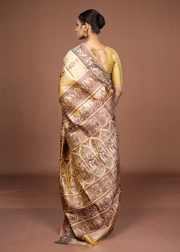 Cream Handloom Baluchari Pure Silk Saree With Blouse Piece