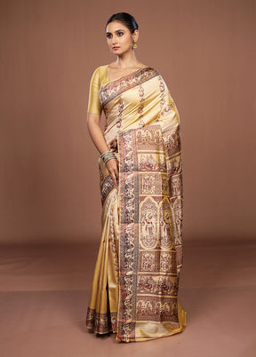 Cream Handloom Baluchari Pure Silk Saree With Blouse Piece