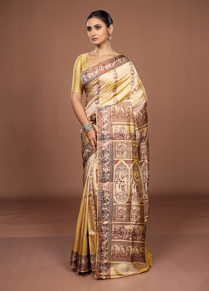 Cream Handloom Baluchari Pure Silk Saree With Blouse Piece