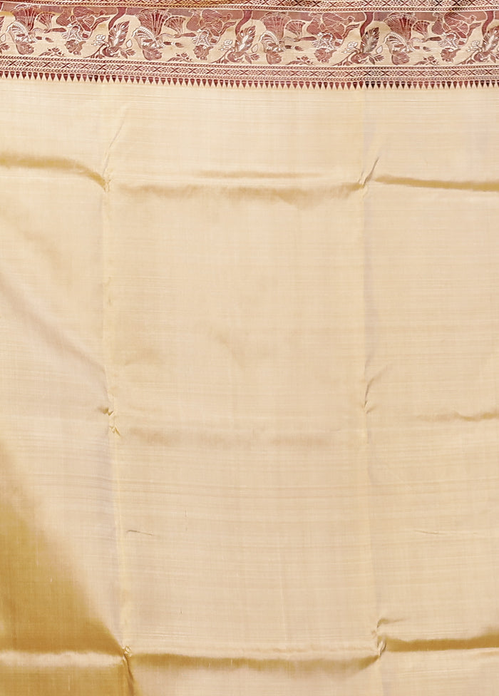 Cream Handloom Baluchari Pure Silk Saree With Blouse Piece