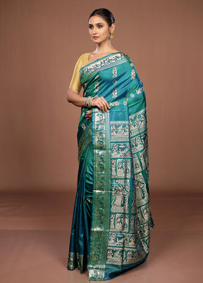 Green Handloom Baluchari Pure Silk Saree With Blouse Piece
