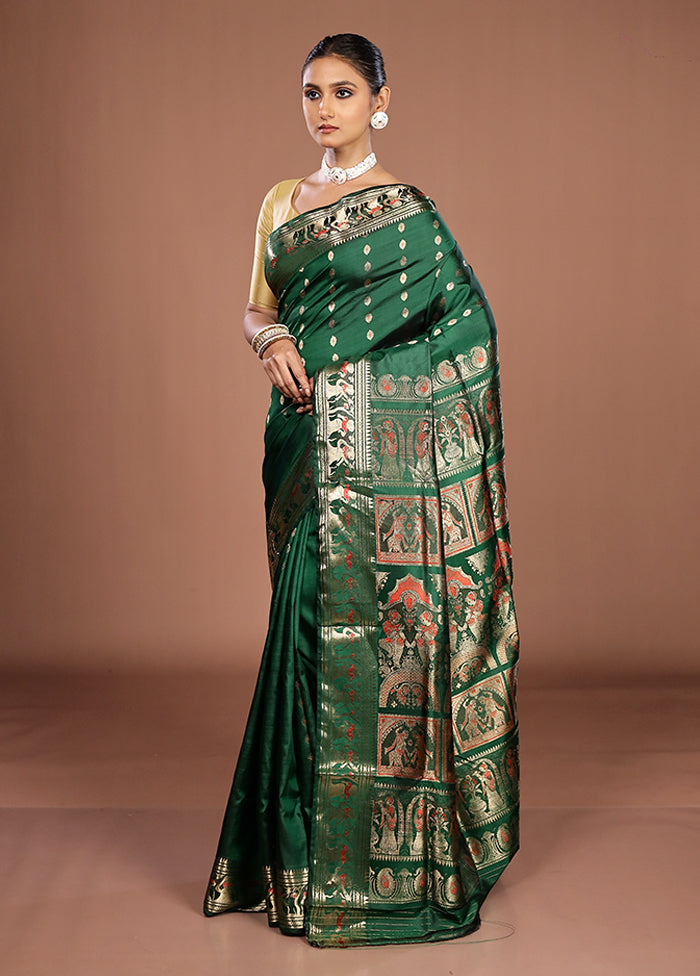 Green Handloom Baluchari Pure Silk Saree With Blouse Piece