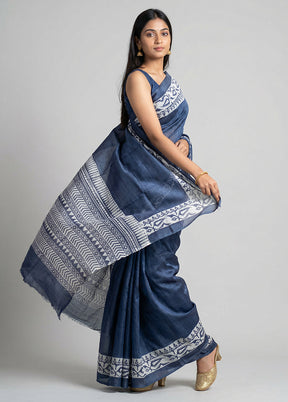 Blue Printed Silk Saree Without Blouse Piece