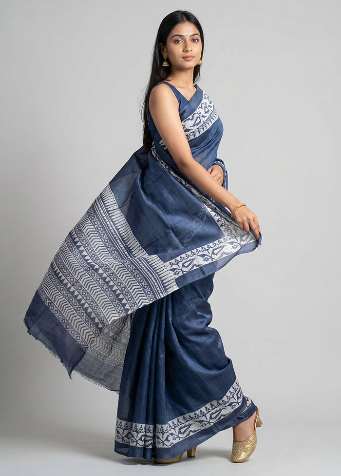 Blue Printed Silk Saree Without Blouse Piece
