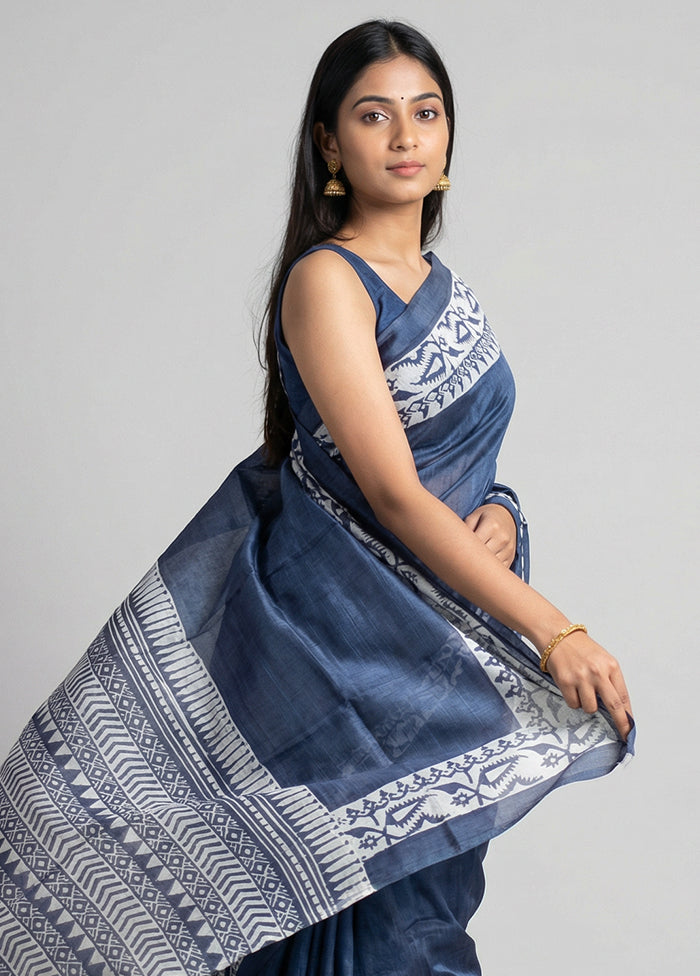 Blue Printed Silk Saree Without Blouse Piece
